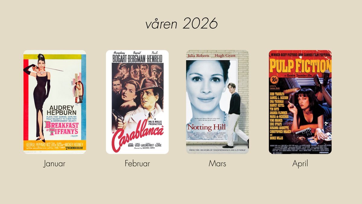 Vises våren 2026: Breakfast at Tiffanies, Casablanca, Notting Hill og Pulp Fiction.